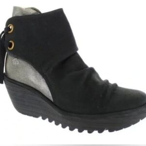Fly London Leather Black Silver Platform Ankle Boots 37